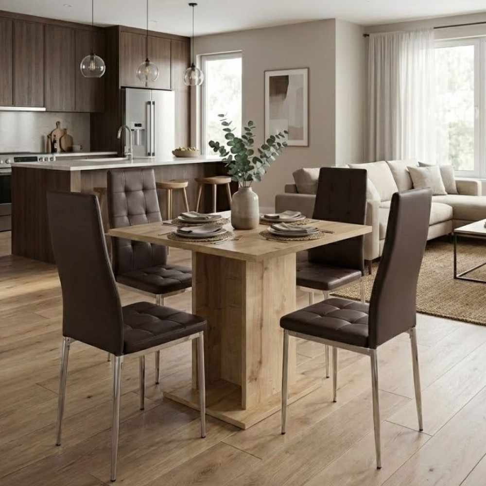 Σετ τραπεζαρία 5 τεμ. Allos - Rosa Megapap χρώμα sapphire oak - καφέ/χρωμίου πόδι 75x75x77cm Σετ τραπεζαρία 5 τεμ. Allos - Rosa Megapap χρώμα sapphire oak - καφέ/χρωμίου πόδι 75x75x77cm