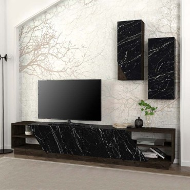 Σύνθεση τηλεόρασης River Megapap από μελαμίνη χρώμα μαύρο rebab - μαύρο εφέ μαρμάρου 240x36,6x47cm 1 τεμ.