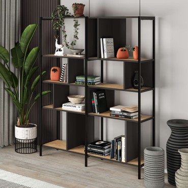 Βιβλιοθήκη Maxi Megapap χρώμα sapphire oak - silky black 144x35x175cm 1 τεμ.
