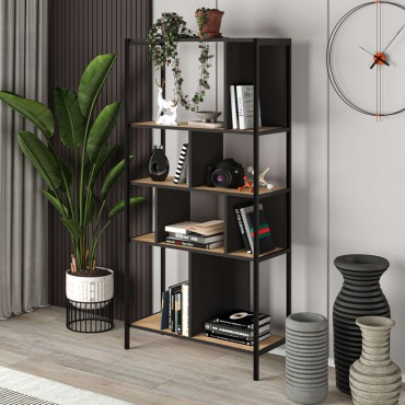 Βιβλιοθήκη Midi Megapap χρώμα sapphire oak - silky black 88x35x175cm 1 τεμ.