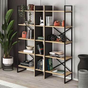 Βιβλιοθήκη Detroit Megapap χρώμα sapphire oak - silky black 143,5x35,2x175cm 1 τεμ.