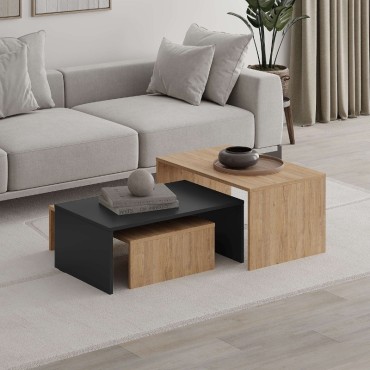 Τραπεζάκι σαλονιού σετ 3 τεμ. Kanta Megapap χρώμα sapphire oak - silky black 80x50x40,5cm