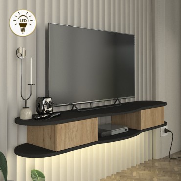Έπιπλο τηλεόρασης επιτοίχιο Perk Megapap με LED χρώμα ανθρακί - sepet oak 150x35x19,2cm 1 τεμ.