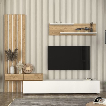 Σύνθεση τηλεόρασης Rosaline Megapap χρώμα λευκό - sepet oak 233x31,3x196,8cm 1 τεμ.