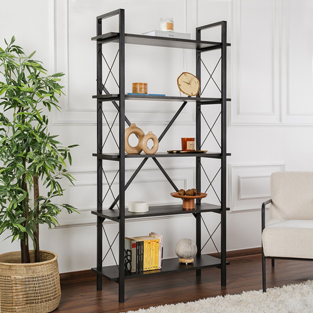 Βιβλιοθήκη Elysian Megapap χρώμα black wood 90x33,5x180cm 1 τεμ.
