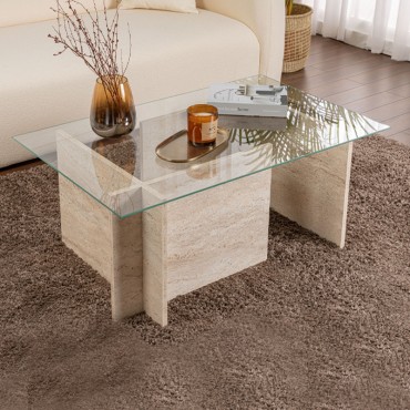 Τραπεζάκι σαλονιού Vetrino Megapap γυάλινο χρώμα travertine 105x65x40cm 1 τεμ.