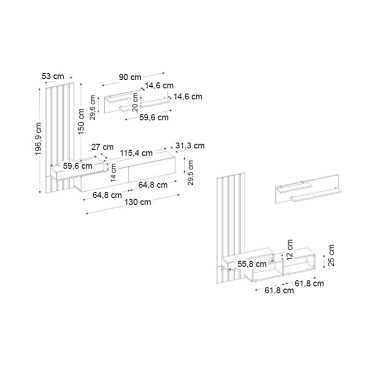 Σύνθεση τηλεόρασης Rosaline Megapap χρώμα ανθρακί - sepet oak 183x31,3x196,9cm 1 τεμ.