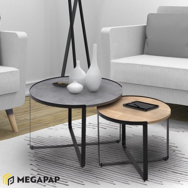 Σετ τραπεζάκια σαλονιού Davis Megapap 2 τεμ. χρώμα γκρι σκυροδέματος/φυσικό οξιάς 70x69x46cm - 70x69x46cm