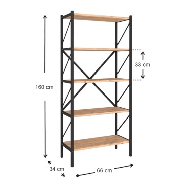 Βιβλιοθήκη Jocasta Megapap μεταλλική - μελαμίνης χρώμα pine oak 66x34x160cm 1 τεμ.