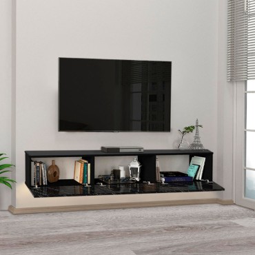 Έπιπλο τηλεόρασης επιτοίχιο Damla Megapap από μελαμίνη με LED χρώμα μαύρο εφέ μαρμάρου 180x29,5x29,5cm 1 τεμ.