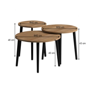 Τραπεζάκι σαλονιού σετ 3 τεμ. Roma Megapap χρώμα oak Φ60x46cm - 60x60x46cm