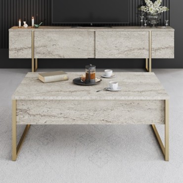Τραπεζάκι σαλονιού Luxe Megapap χρώμα travertine - χρυσό 90x60x40cm 1 τεμ.