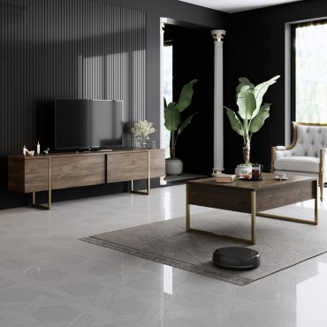 Έπιπλο τηλεόρασης Luxe Megapap χρώμα καρυδί - χρυσό 180x30x50cm 1 τεμ.