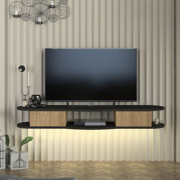 Έπιπλο τηλεόρασης επιτοίχιο Perk Megapap με LED χρώμα ανθρακί - sepet oak 150x35x19,2cm 1 τεμ.