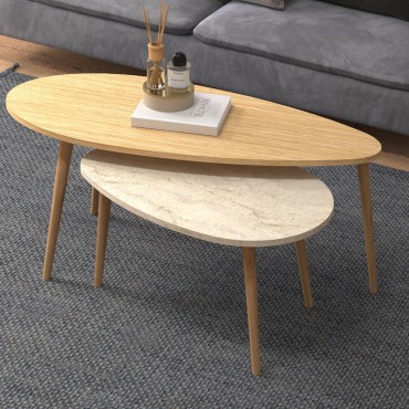 Τραπεζάκι σαλονιού σετ 2 τεμ. Elips Megapap χρώμα oak - travertine 116x46x46cm - 116x46x46cm