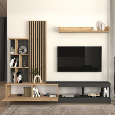 Σύνθεση τηλεόρασης Vermont Megapap χρώμα ανθρακί - sepet oak 240x40x192cm 1 τεμ.