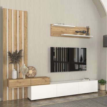 Σύνθεση τηλεόρασης Rosaline Megapap χρώμα λευκό - sepet oak 233x31,3x196,8cm 1 τεμ.