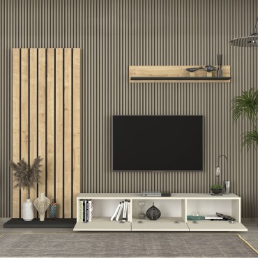 Σύνθεση τηλεόρασης Nagini Megapap χρώμα ivory - sapphire oak - ανθρακί 260x39,4x203,6cm 1 τεμ.