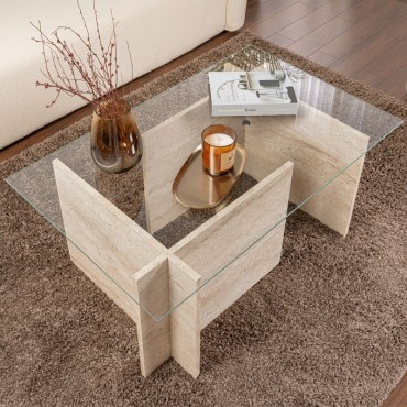 Τραπεζάκι σαλονιού Vetrino Megapap γυάλινο χρώμα travertine 105x65x40cm 1 τεμ.