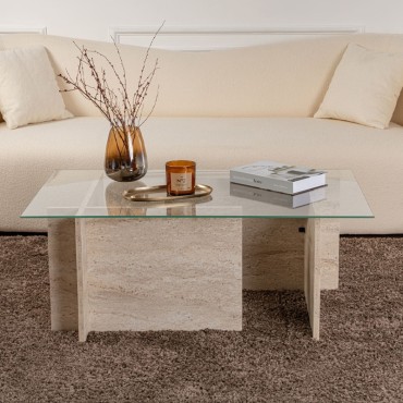 Τραπεζάκι σαλονιού Vetrino Megapap γυάλινο χρώμα travertine 105x65x40cm 1 τεμ.