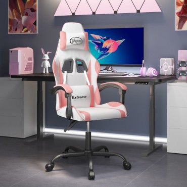 vidaXL Καρέκλα Gaming Περιστρεφόμενη Λευκή και Ροζ από Συνθετικό Δέρμα 57,5x59,5x(121-131)cm 1 τεμ.