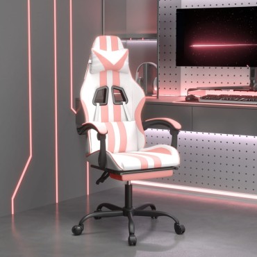 vidaXL Καρέκλα Gaming Περιστεφόμενη Υποπόδιο Λευκή & Ροζ Συνθ. Δέρμα 57,5x59,5x(121-131)cm 1 τεμ.