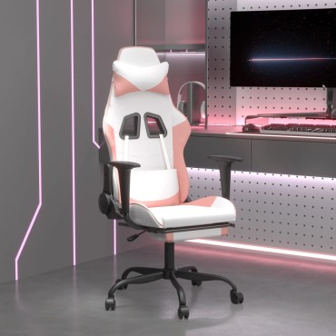 vidaXL Καρέκλα Gaming με Υποπόδιο Λευκό και Ροζ από Συνθετικό Δέρμα 66x56x(120,5-131)cm 1 τεμ.