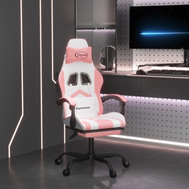 vidaXL Καρέκλα Gaming Περιστεφόμενη Υποπόδιο Λευκή & Ροζ Συνθ. Δέρμα 57,5x59,5x(121-131)cm 1 τεμ.