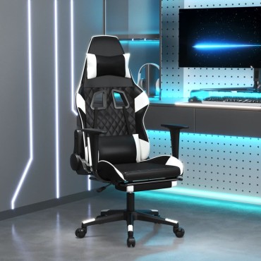 vidaXL Καρέκλα Gaming Μασάζ Υποπόδιο Μαύρο/Λευκό από Συνθετικό Δέρμα 64x60x(117-127)cm 1 τεμ.