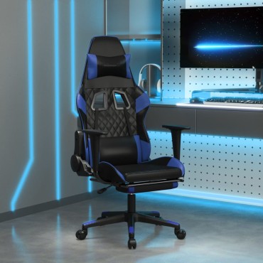 vidaXL Καρέκλα Gaming Μασάζ Υποπόδιο Μαύρο & Μπλε από Συνθετικό Δέρμα 64x60x(117-127)cm 1 τεμ.