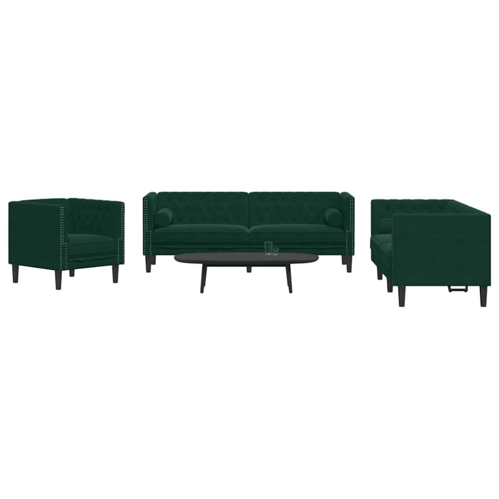vidaXL Καναπές Chesterfield 3 τεμ. μαξιλάρια σκούρο πράσινο βελούδο 71x74,5x70,5cm  Διθέσιος Τριθέσιος