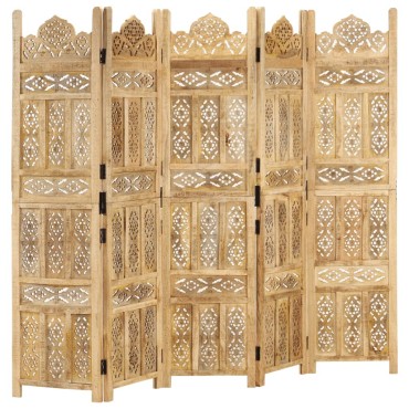vidaXL Παραβάν Σκαλιστό στο Χέρι 5 Πάνελ 200x165cm Μασίφ Ξύλο Μάνγκο 1 τεμ.