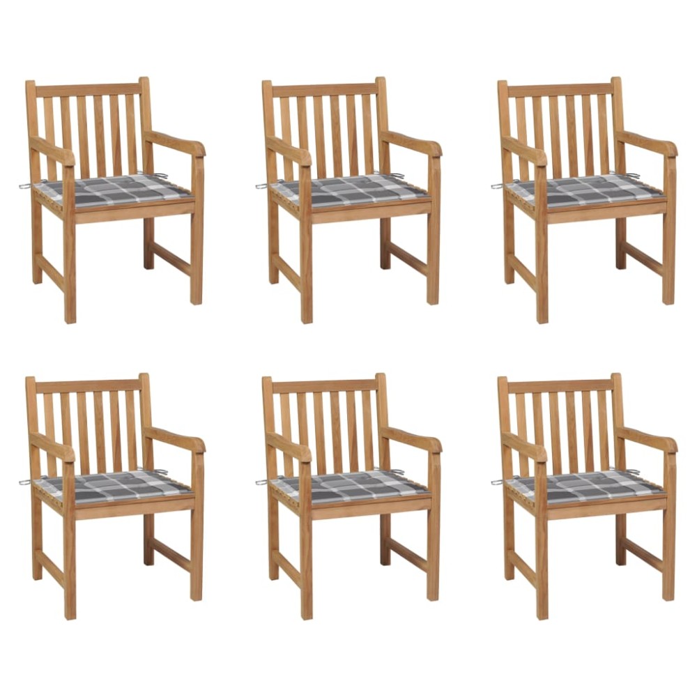 vidaXL Καρέκλες Κήπου 6 τεμ. από Μασίφ Ξύλο Teak & Γκρι Καρό Μαξιλάρια 58x60x90cm vidaXL Καρέκλες Κήπου 6 τεμ. από Μασίφ Ξύλο Teak & Γκρι Καρό Μαξιλάρια 58x60x90cm