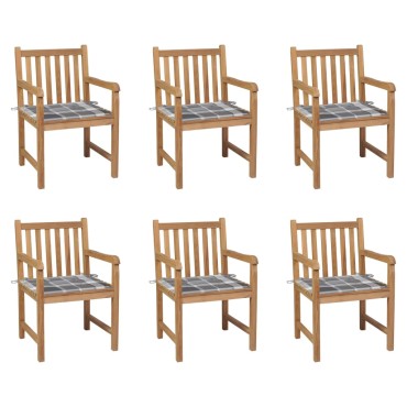 vidaXL Καρέκλες Κήπου 6 τεμ. από Μασίφ Ξύλο Teak & Γκρι Καρό Μαξιλάρια 58x60x90cm