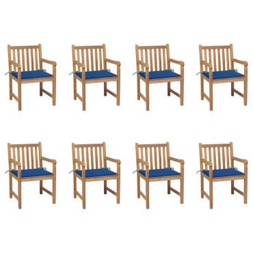 vidaXL Καρέκλες Κήπου 8 τεμ. Μασίφ Ξύλο Teak & Μπλε Ρουά Μαξιλάρια 58x60x90cm