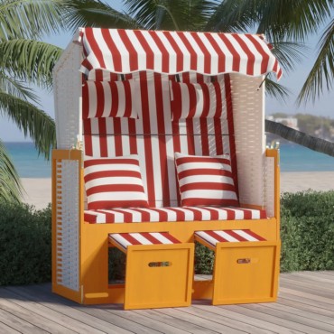 vidaXL Ξαπλώστρα Strandkorb Κόκκινο/Λευκό Συνθ Ρατάν/Ξύλο με Μαξιλάρια 115x55x133/151/156cm 1 τεμ.