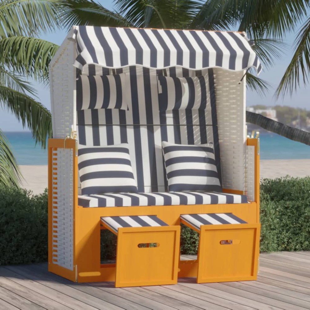 vidaXL Ξαπλώστρα Strandkorb Λευκό/Μπλε Συνθ. Ρατάν/Ξύλο με Μαξιλάρια 115x55x133/151/156cm 1 τεμ. vidaXL Ξαπλώστρα Strandkorb Λευκό/Μπλε Συνθ. Ρατάν/Ξύλο με Μαξιλάρια 115x55x133/151/156cm 1 τεμ.