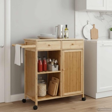 vidaXL Καλάθι κουζίνας με ρόδες Φυσικό 90,5x36x86,5cm Μπαμπού