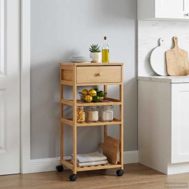 vidaXL Καλάθι κουζίνας με ρόδες Φυσικό 37x36x80cm Μπαμπού