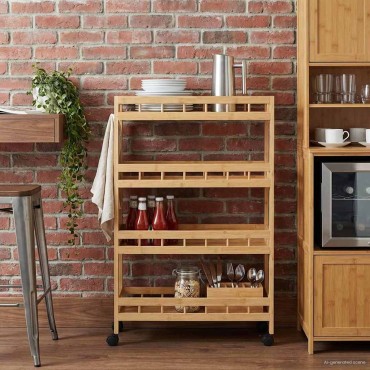 vidaXL Καλάθι κουζίνας με ρόδες Φυσικό 60x18x97cm Μπαμπού