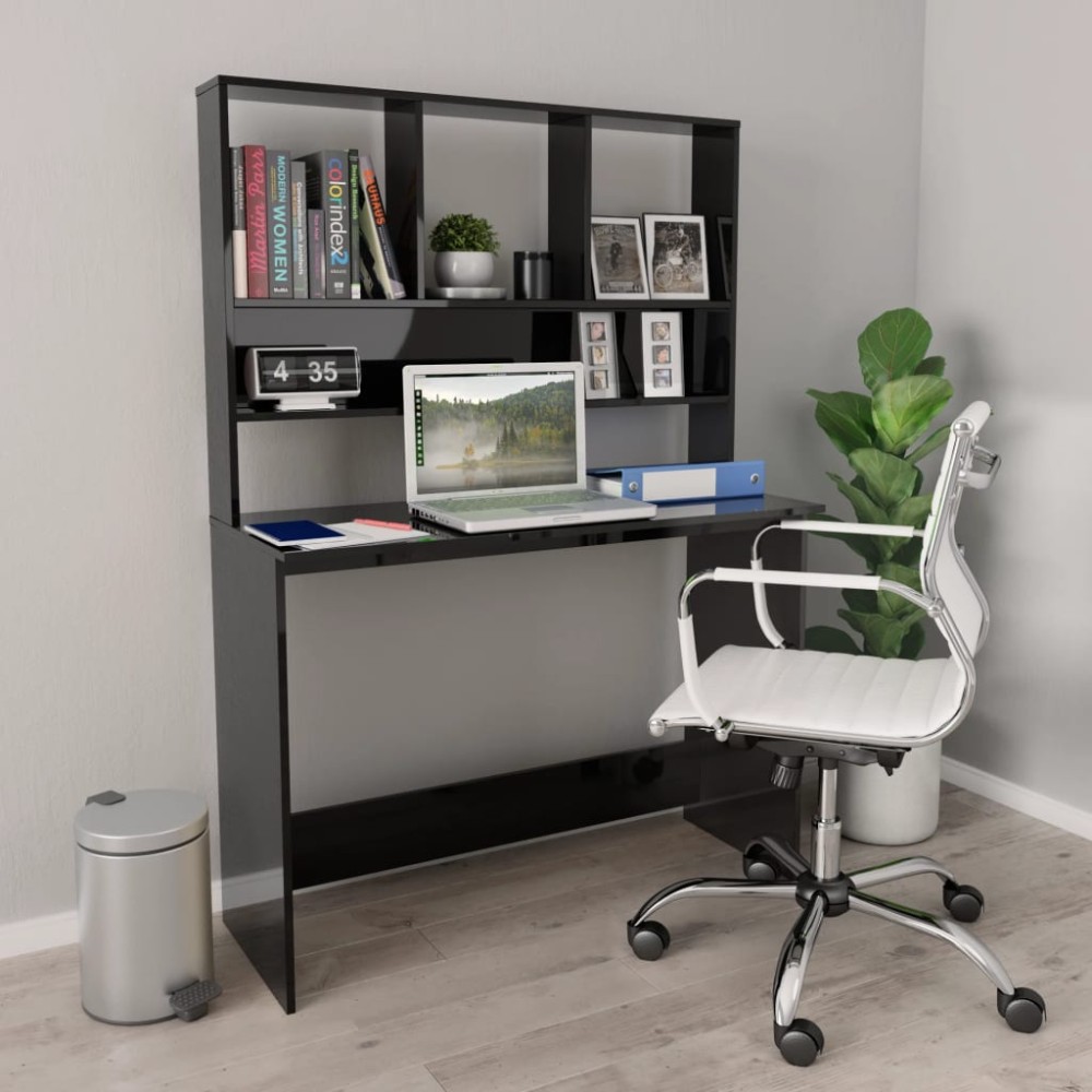 vidaXL Γραφείο με Ράφια Γυαλιστερό Μαύρο 110x45x157cm Μοριοσανίδα 1 τεμ.
