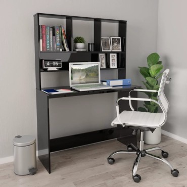 vidaXL Γραφείο με Ράφια Γυαλιστερό Μαύρο 110x45x157cm Μοριοσανίδα 1 τεμ.