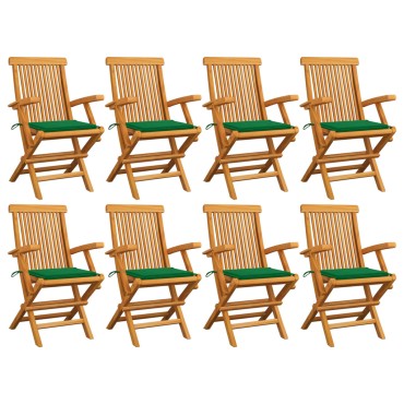 vidaXL Καρέκλες Κήπου 8 τεμ. Μασίφ Ξύλο Teak με Πράσινα Μαξιλάρια 55x60x89cm
