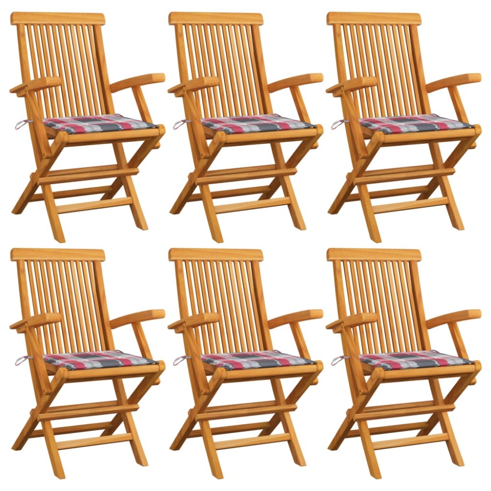 vidaXL Καρέκλες Κήπου 6 τεμ. Μασίφ Ξύλο Teak με Κόκκινα Καρό Μαξιλάρια 55x60x89cm vidaXL Καρέκλες Κήπου 6 τεμ. Μασίφ Ξύλο Teak με Κόκκινα Καρό Μαξιλάρια 55x60x89cm