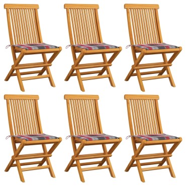 vidaXL Καρέκλες Κήπου 6 τεμ. Μασίφ Ξύλο Teak με Κόκκινα Καρό Μαξιλάρια 47x60x89cm