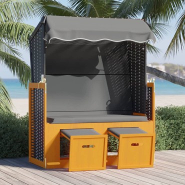 vidaXL Ξαπλώστρα Strandkorb με Σκίαστρο Μαύρο/Ανθρακί Συνθ. Ρατάν/Ξύλο 115x55x133/151/156cm 1 τεμ.