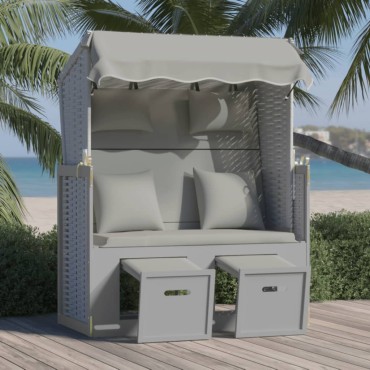 vidaXL Ξαπλώστρα Strandkorb Γκρι Συνθετικό Ρατάν/Μασίφ Ξύλο +Μαξιλάρια 115x55x133/151/156cm 1 τεμ.