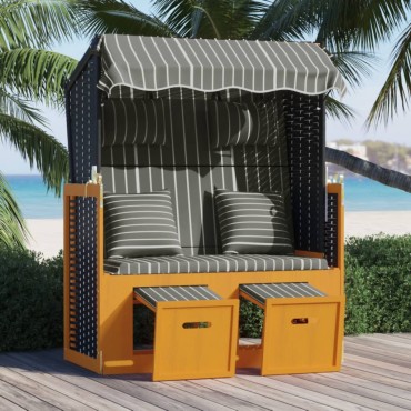 vidaXL Ξαπλώστρα Strandkorb Μαύρο/Γκρι Συνθ. Ρατάν/Ξύλο με Μαξιλάρια 115x55x133/151/156cm 1 τεμ.