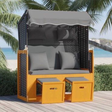 vidaXL Ξαπλώστρα Strandkorb Μαύρο/Ανθρακί Συνθ.Ρατάν/Ξύλο με Μαξιλάρι 115x55x133/151/156cm 1 τεμ.