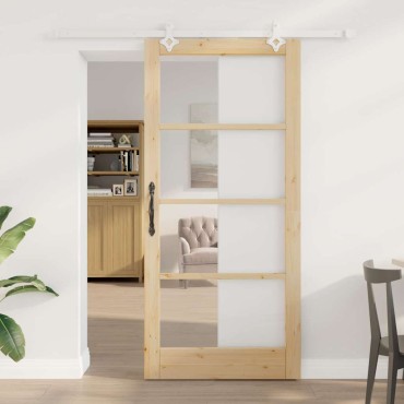 vidaXL Συρόμενη Πόρτα Φυσικό 93 x 202 cm Μασίφ ξύλο πεύκου και γυαλί